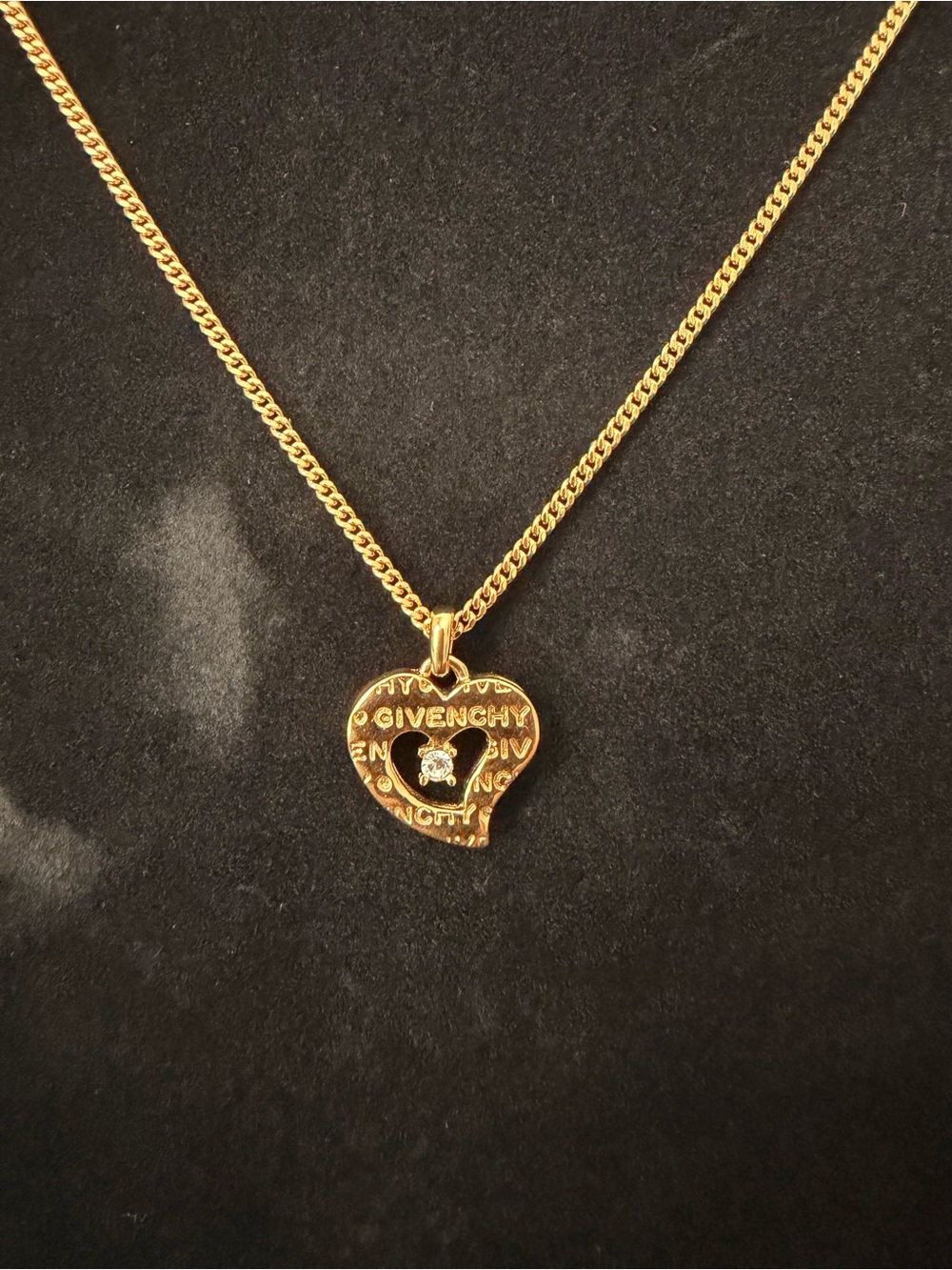 Auth Givenchy Heart Crystal Logo Pendant Necklace